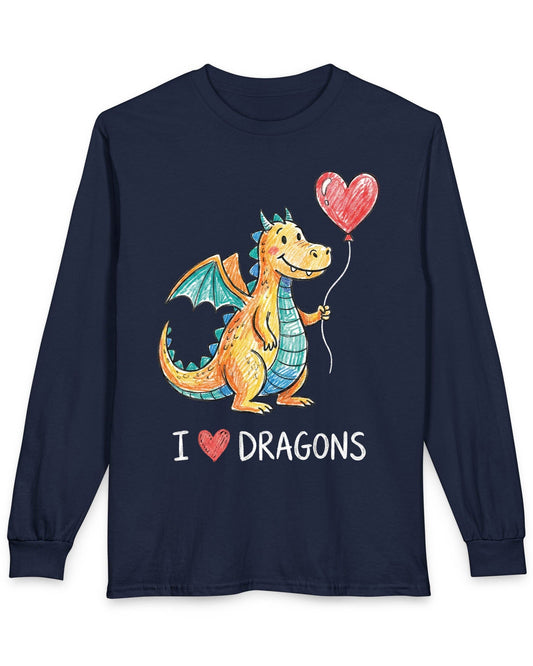 I Love Dragons shirt in navy featuring a crayon-style smiling dragon holding a heart balloon
