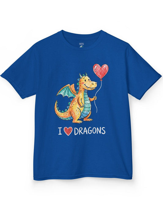 I Love Dragons shirt in royal blue featuring a crayon-style smiling dragon holding a heart balloon