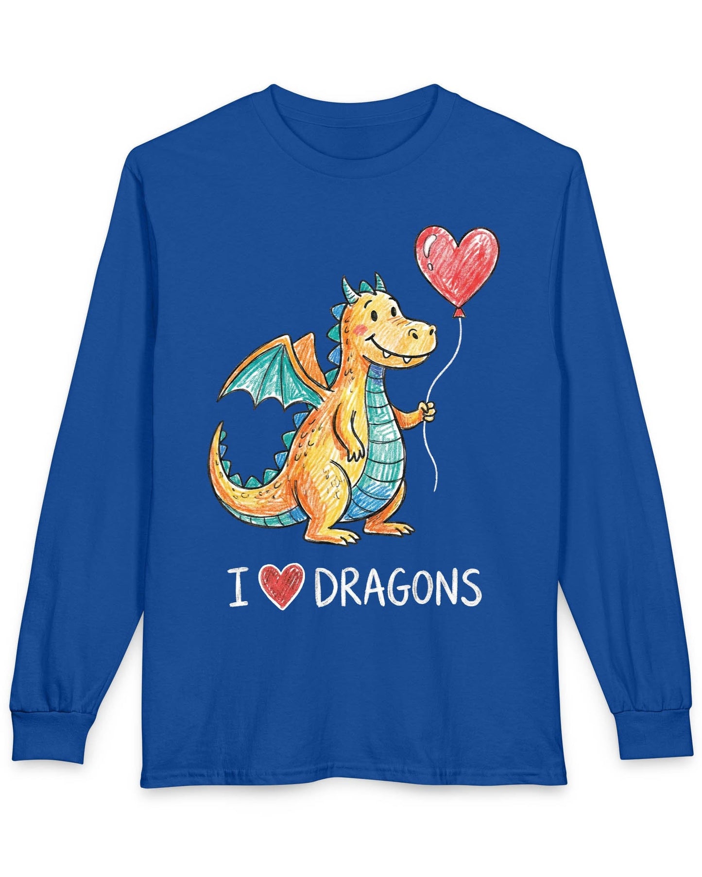 I Love Dragons shirt in royal blue featuring a crayon-style smiling dragon holding a heart balloon