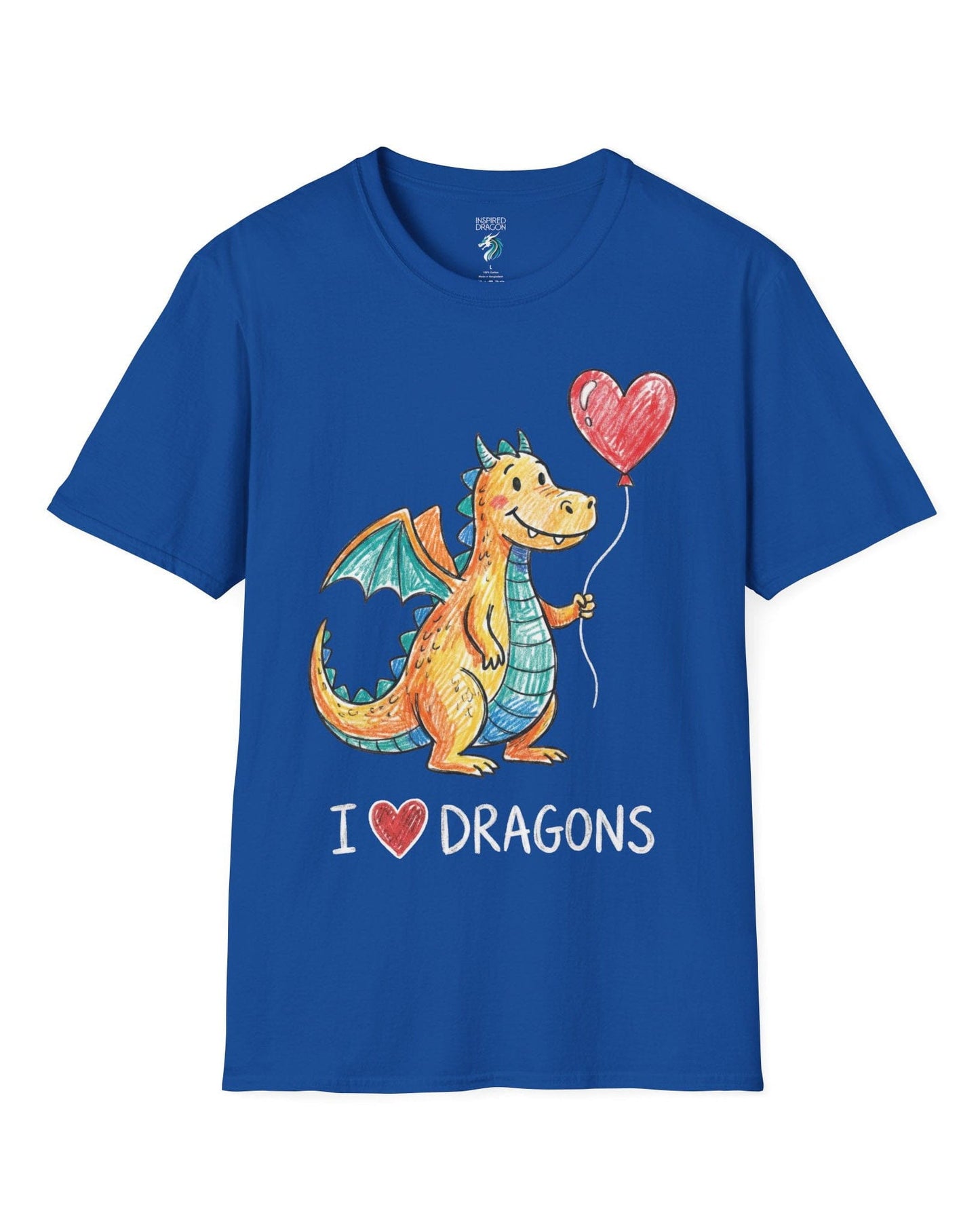 I Love Dragons shirt in royal blue featuring a crayon-style smiling dragon holding a heart balloon