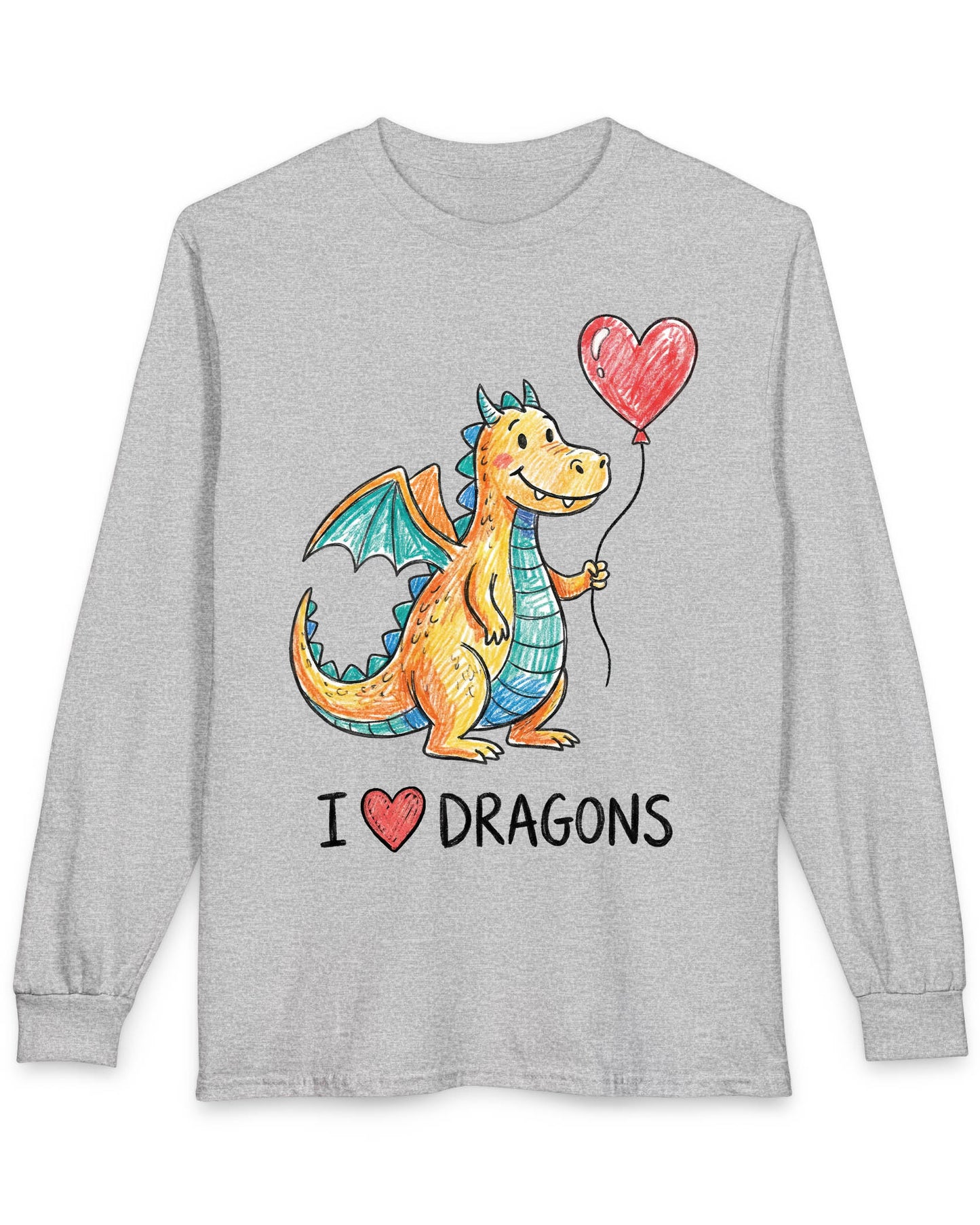 I Love Dragons shirt in sport grey featuring a crayon-style smiling dragon holding a heart balloon