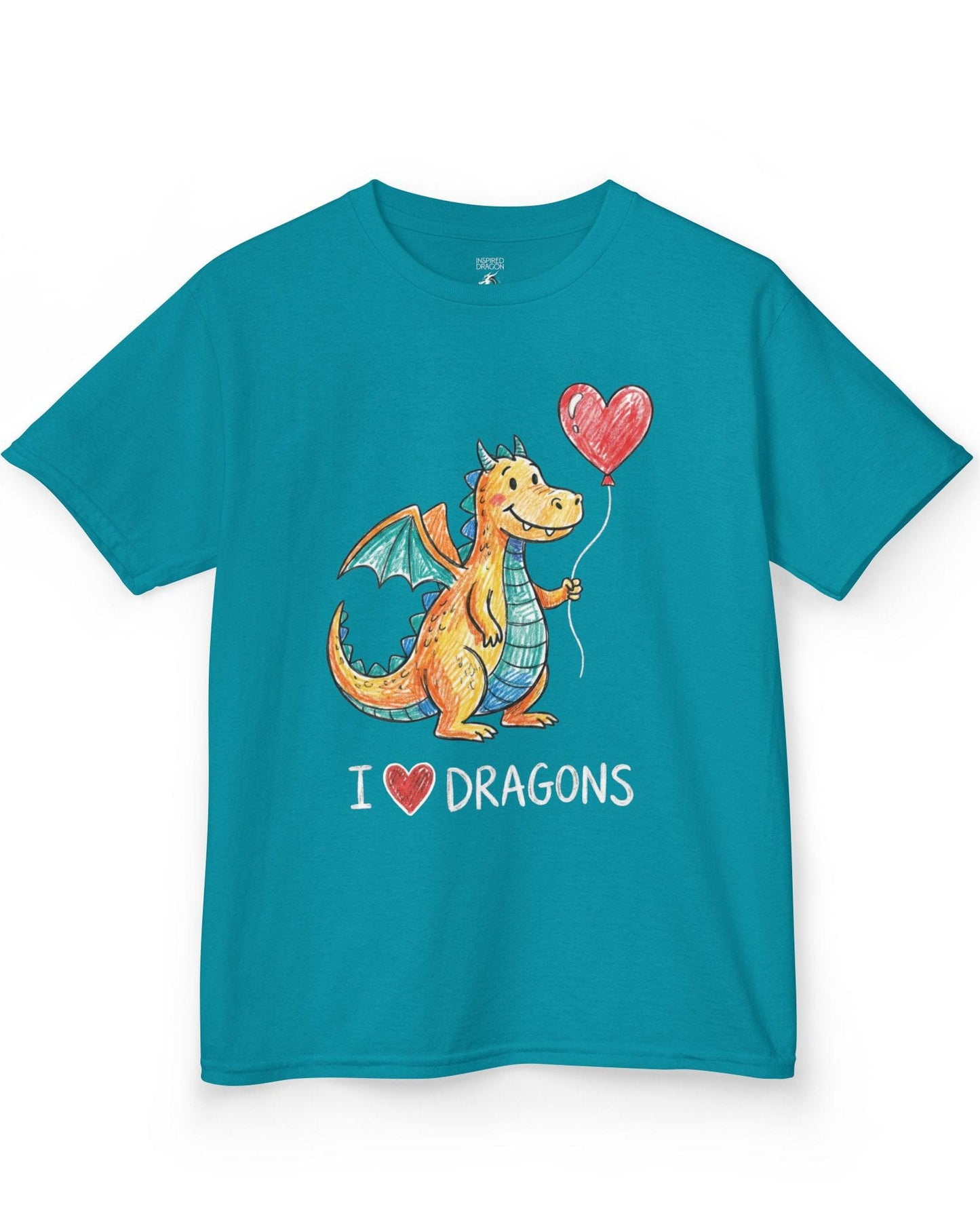 I Love Dragons shirt in tropical blue featuring a crayon-style smiling dragon holding a heart balloon