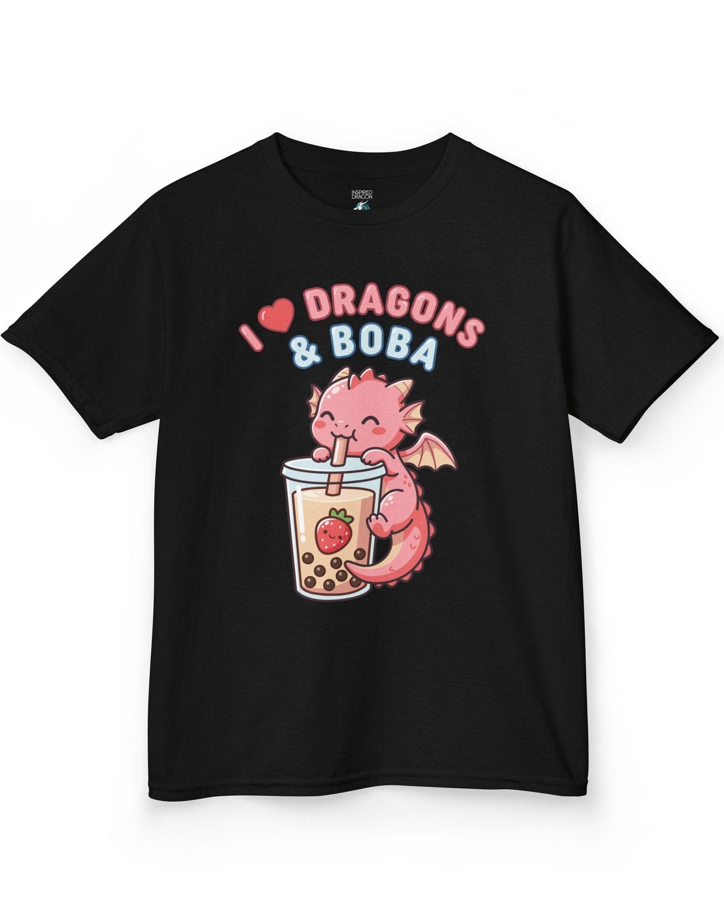 I Love Dragons & Boba shirt in black featuring a cute pink dragon sipping boba tea with bubbly lettering