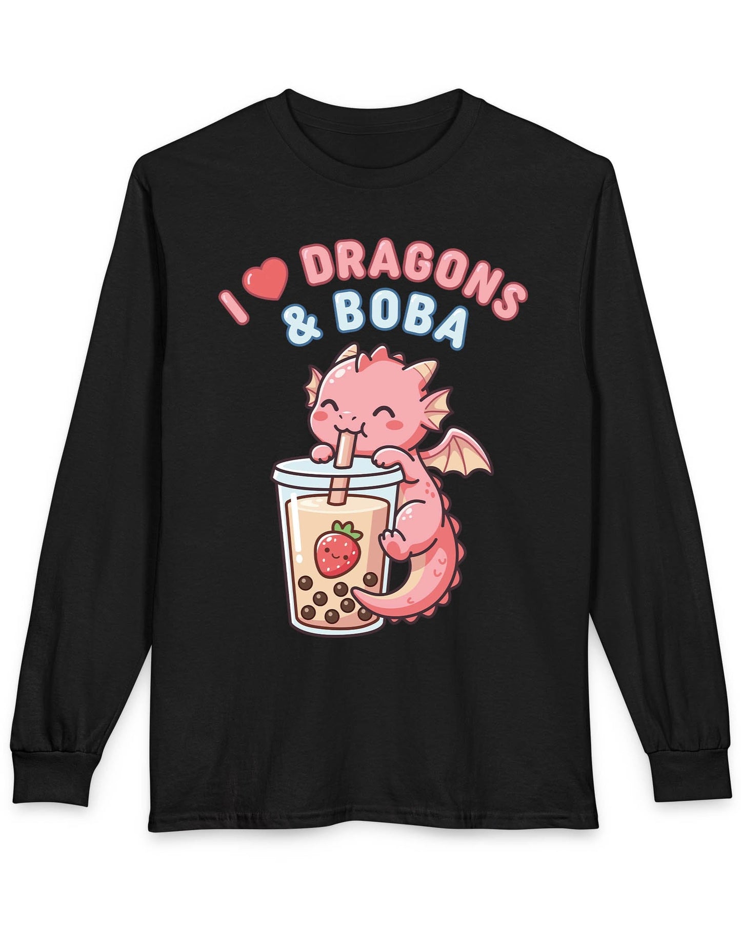 I Love Dragons & Boba shirt in black featuring a cute pink dragon sipping boba tea with bubbly lettering