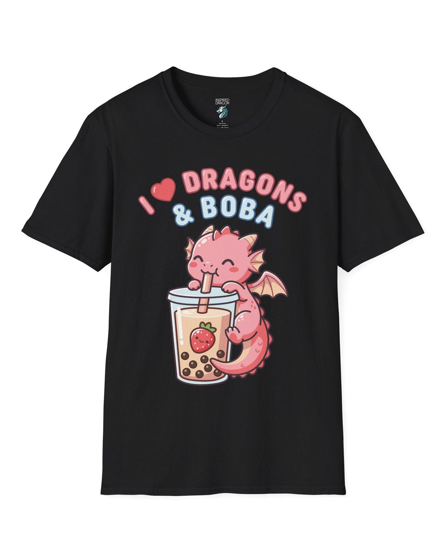 I Love Dragons & Boba shirt in black featuring a cute pink dragon sipping boba tea with bubbly lettering