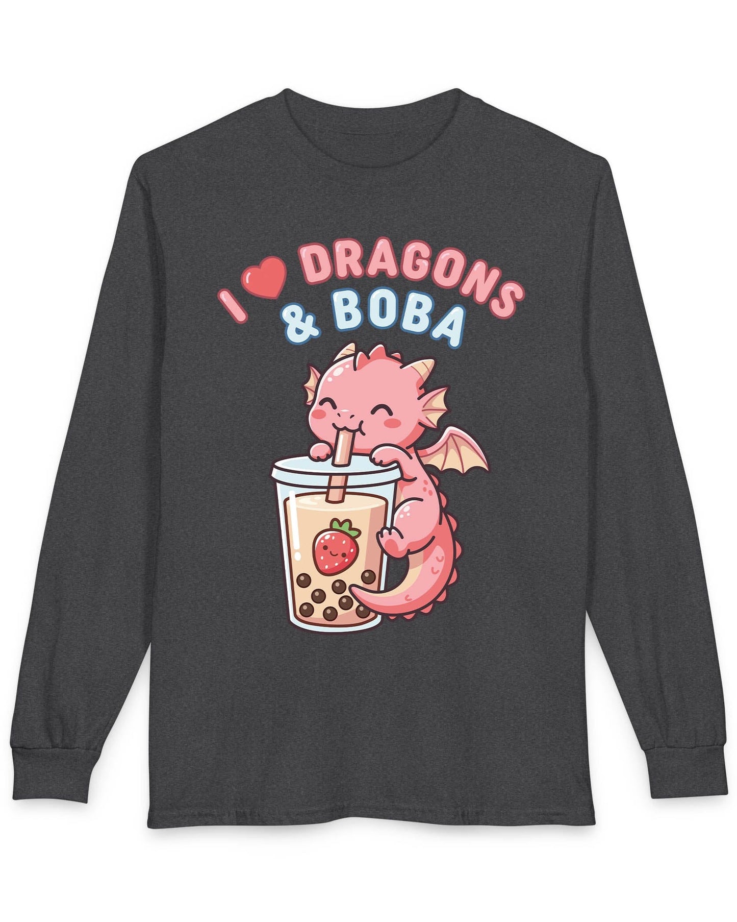 I Love Dragons & Boba shirt in dark heather featuring a cute pink dragon sipping boba tea with bubbly lettering