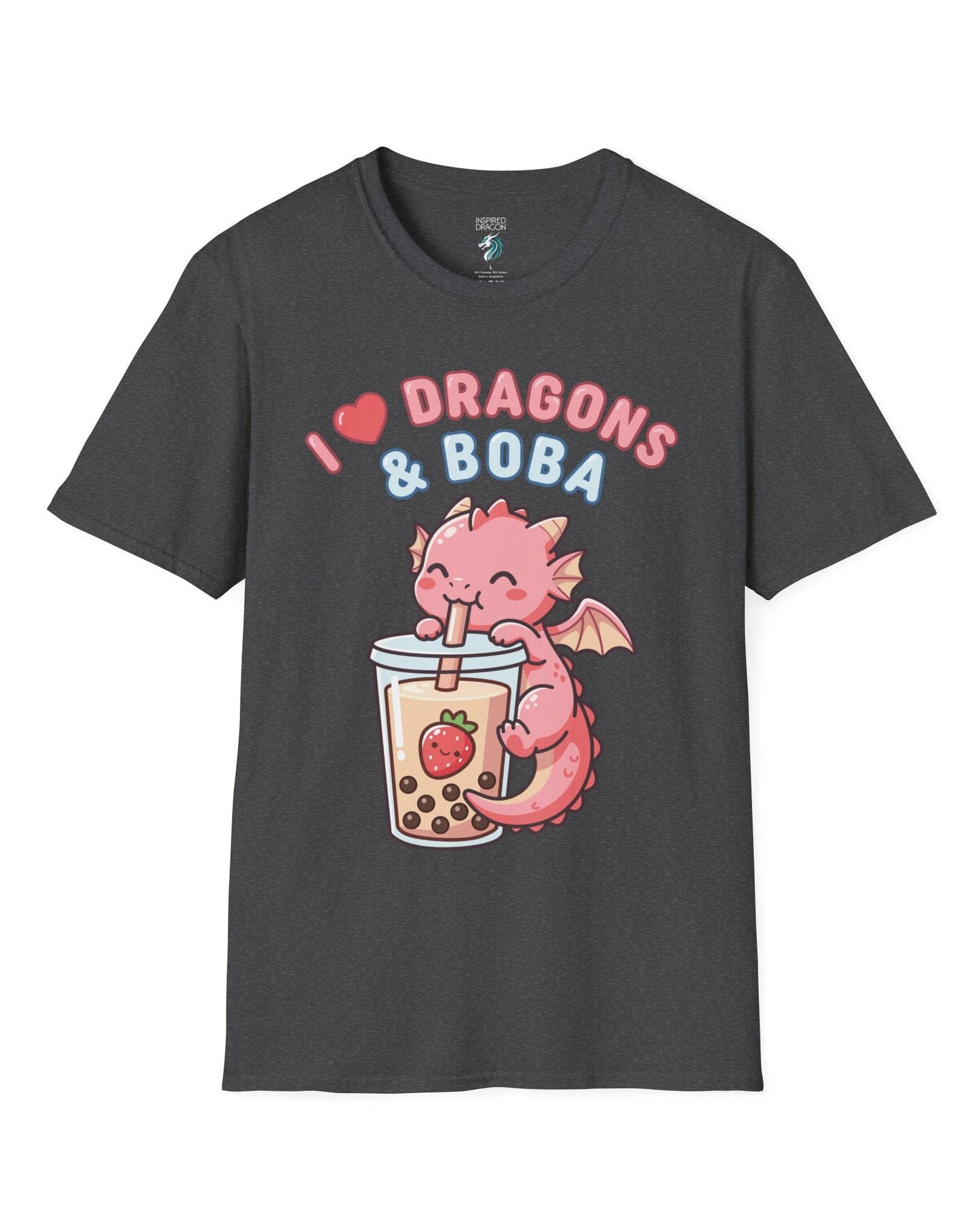 I Love Dragons & Boba shirt in dark heather featuring a cute pink dragon sipping boba tea with bubbly lettering