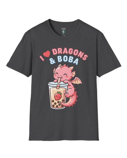 I Love Dragons & Boba shirt in dark heather featuring a cute pink dragon sipping boba tea with bubbly lettering