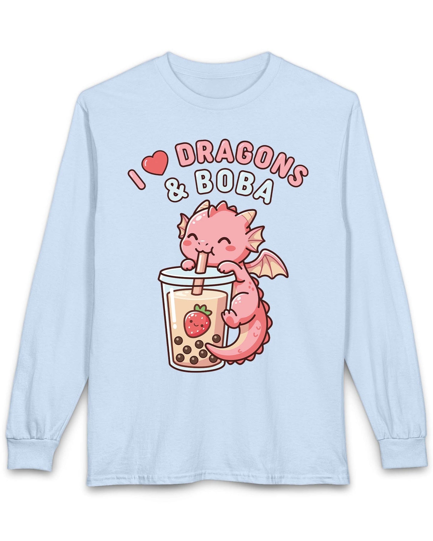 I Love Dragons & Boba shirt in light blue featuring a cute pink dragon sipping boba tea with bubbly lettering