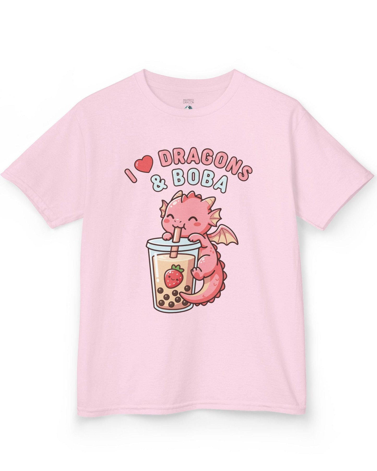 I Love Dragons & Boba shirt in light pink featuring a cute pink dragon sipping boba tea with bubbly lettering