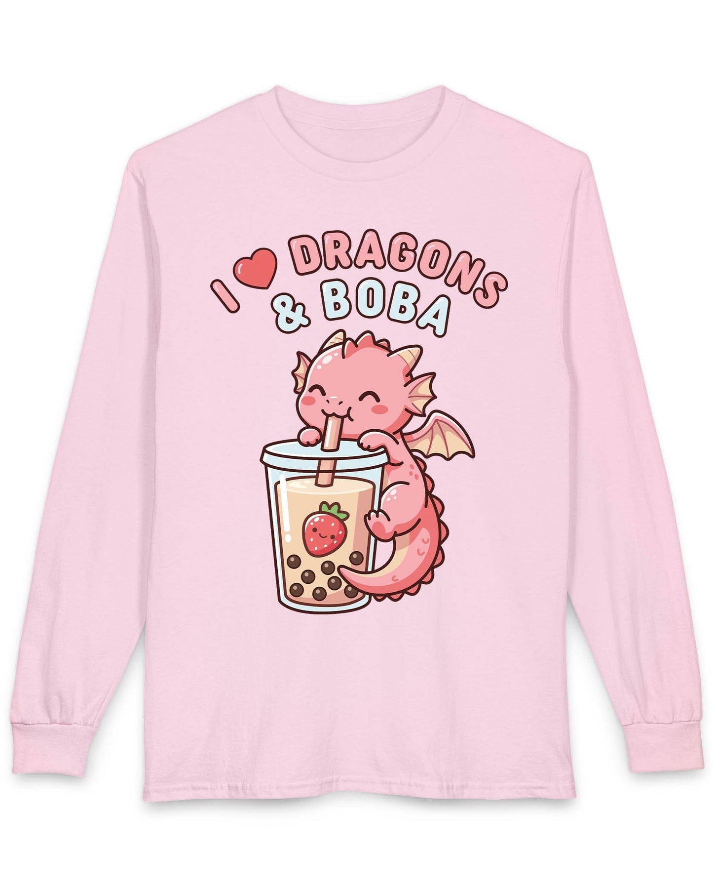 I Love Dragons & Boba shirt in light pink featuring a cute pink dragon sipping boba tea with bubbly lettering