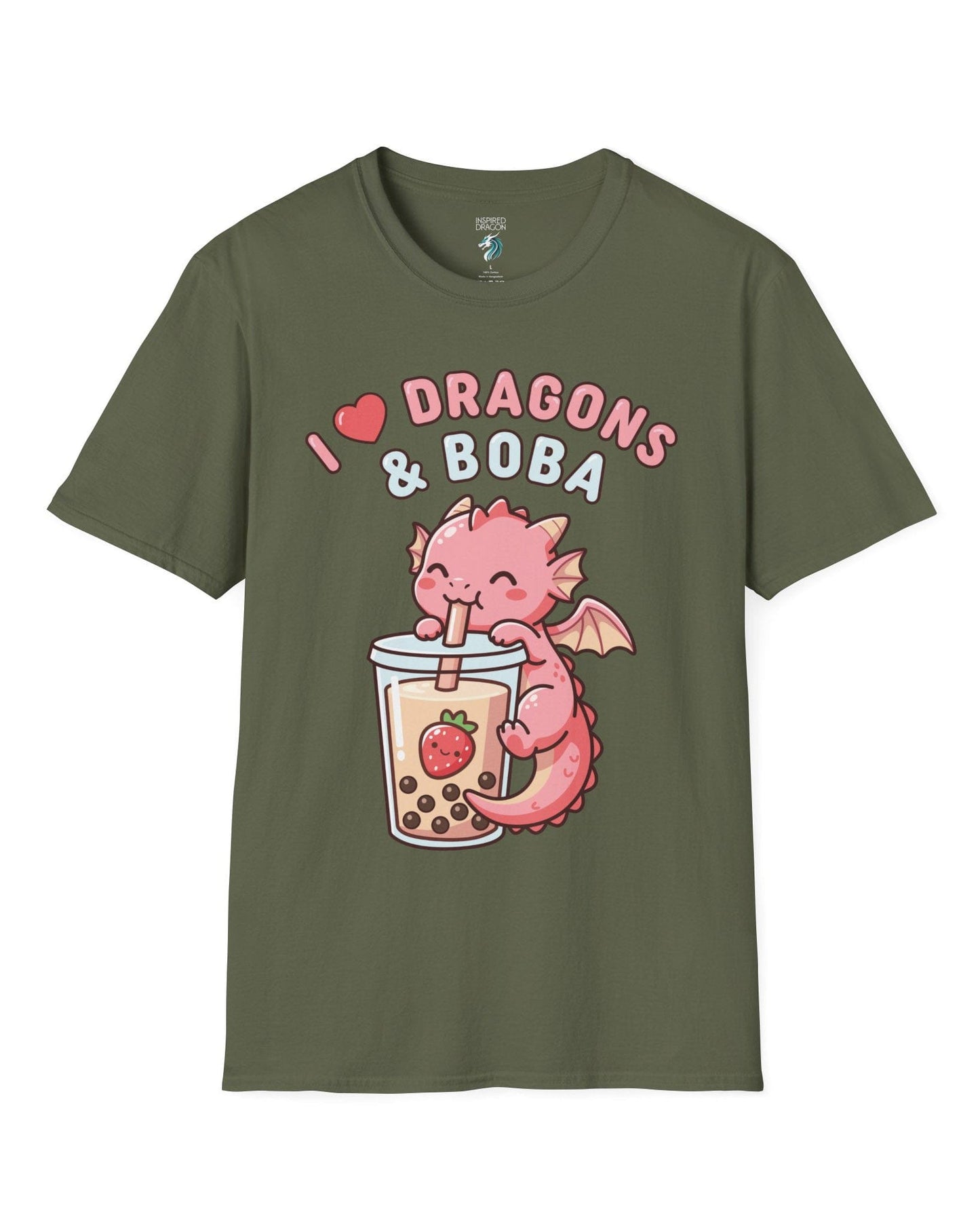 I Love Dragons & Boba shirt in military green featuring a cute pink dragon sipping boba tea with bubbly lettering