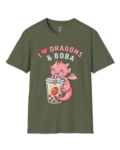 I Love Dragons & Boba shirt in military green featuring a cute pink dragon sipping boba tea with bubbly lettering