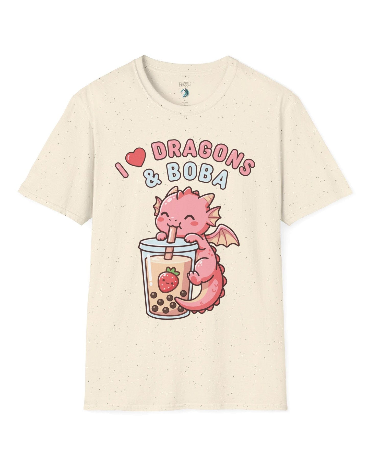 I Love Dragons & Boba shirt in natural featuring a cute pink dragon sipping boba tea with bubbly lettering