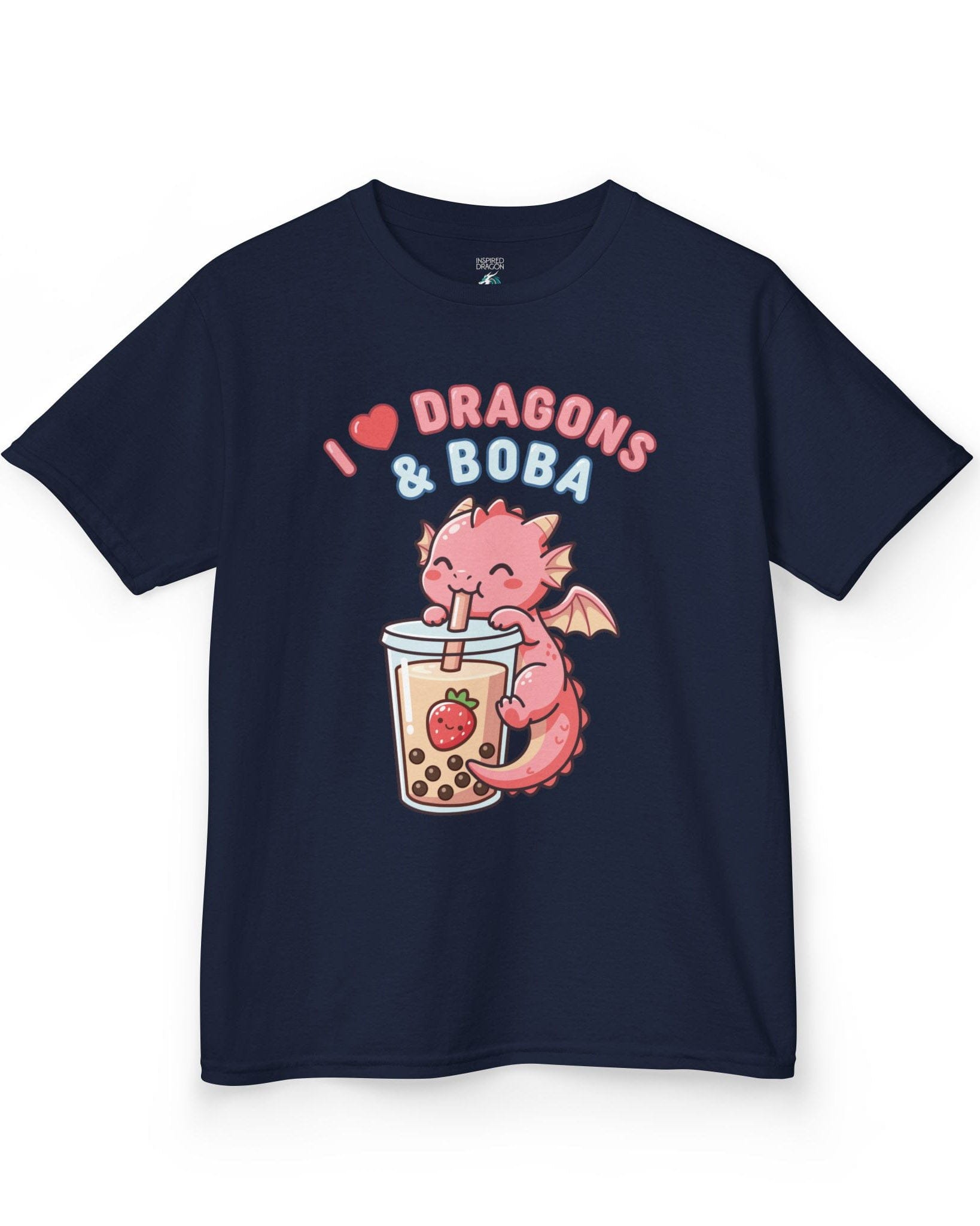I Love Dragons & Boba shirt in navy featuring a cute pink dragon sipping boba tea with bubbly lettering