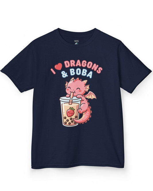 I Love Dragons & Boba shirt in navy featuring a cute pink dragon sipping boba tea with bubbly lettering