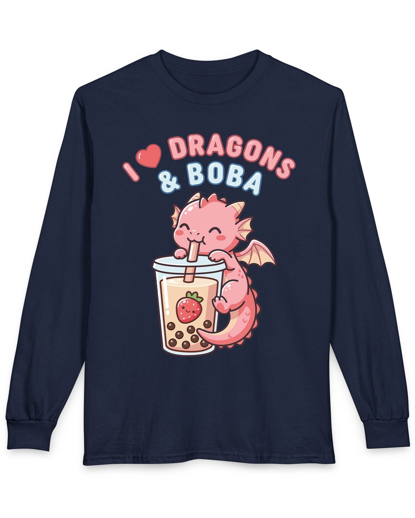 I Love Dragons & Boba shirt in navy featuring a cute pink dragon sipping boba tea with bubbly lettering