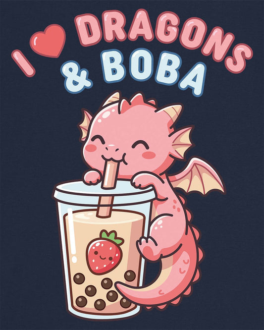 I Love Dragons & Boba shirt in navy featuring a cute pink dragon sipping boba tea with bubbly lettering