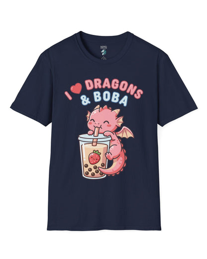 I Love Dragons & Boba shirt in navy featuring a cute pink dragon sipping boba tea with bubbly lettering