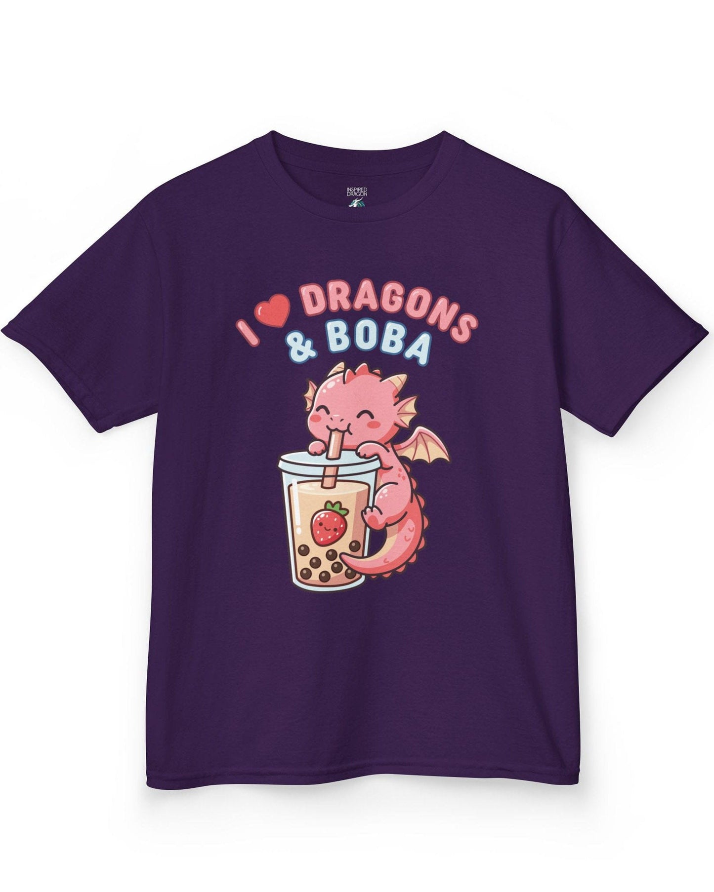 I Love Dragons & Boba shirt in purple featuring a cute pink dragon sipping boba tea with bubbly lettering