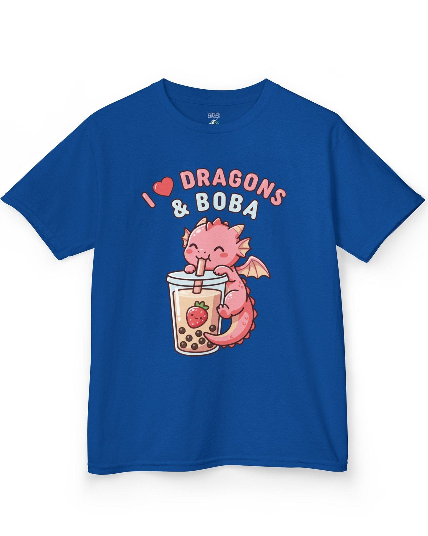 I Love Dragons & Boba shirt in royal blue featuring a cute pink dragon sipping boba tea with bubbly lettering