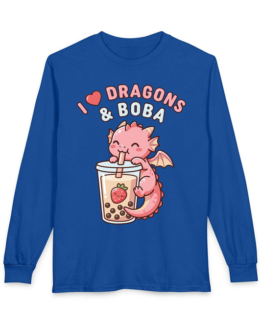 I Love Dragons & Boba shirt in royal blue featuring a cute pink dragon sipping boba tea with bubbly lettering