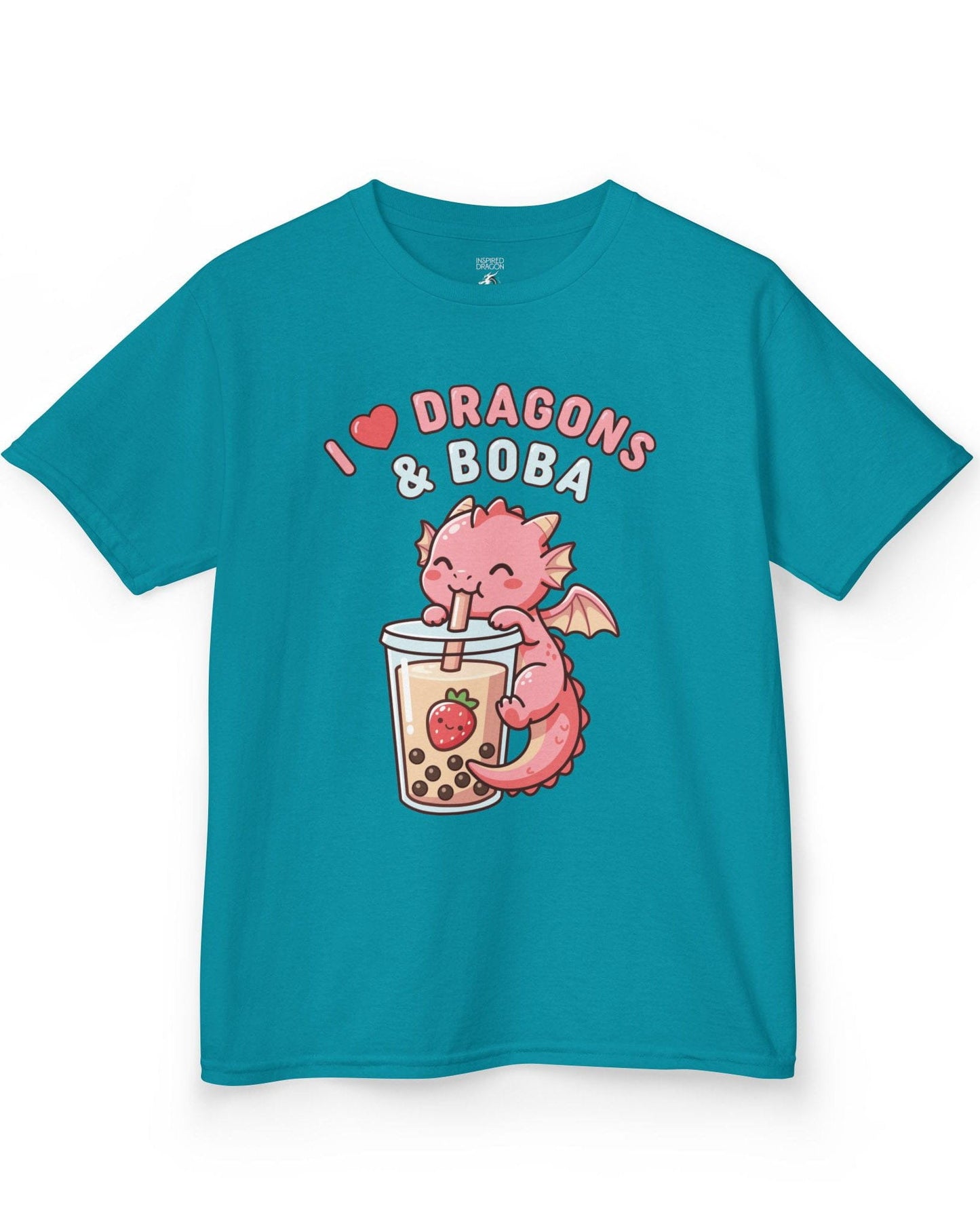 I Love Dragons & Boba shirt in tropical blue featuring a cute pink dragon sipping boba tea with bubbly lettering