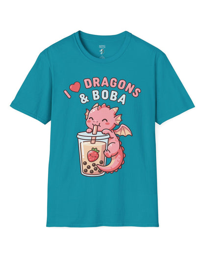 I Love Dragons & Boba shirt in tropical blue featuring a cute pink dragon sipping boba tea with bubbly lettering