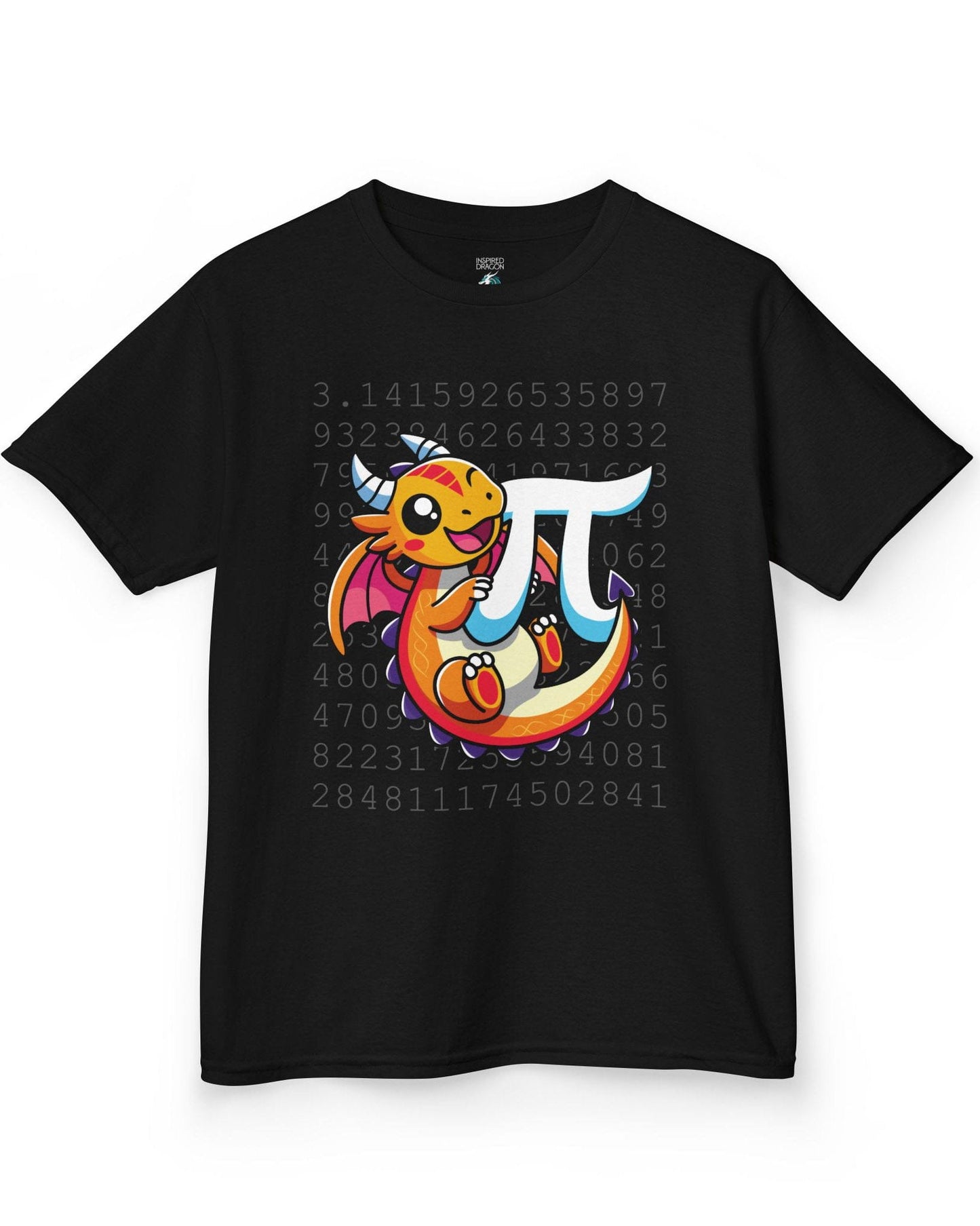 Happy Pi Dragon shirt in black featuring a cute cartoon dragon hugging a pi symbol over a background of pi digits