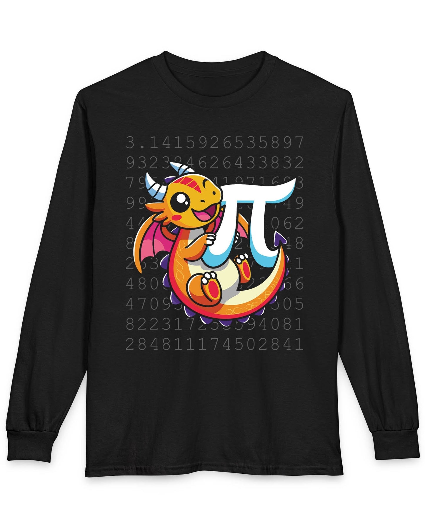 Happy Pi Dragon shirt in black featuring a cute cartoon dragon hugging a pi symbol over a background of pi digits
