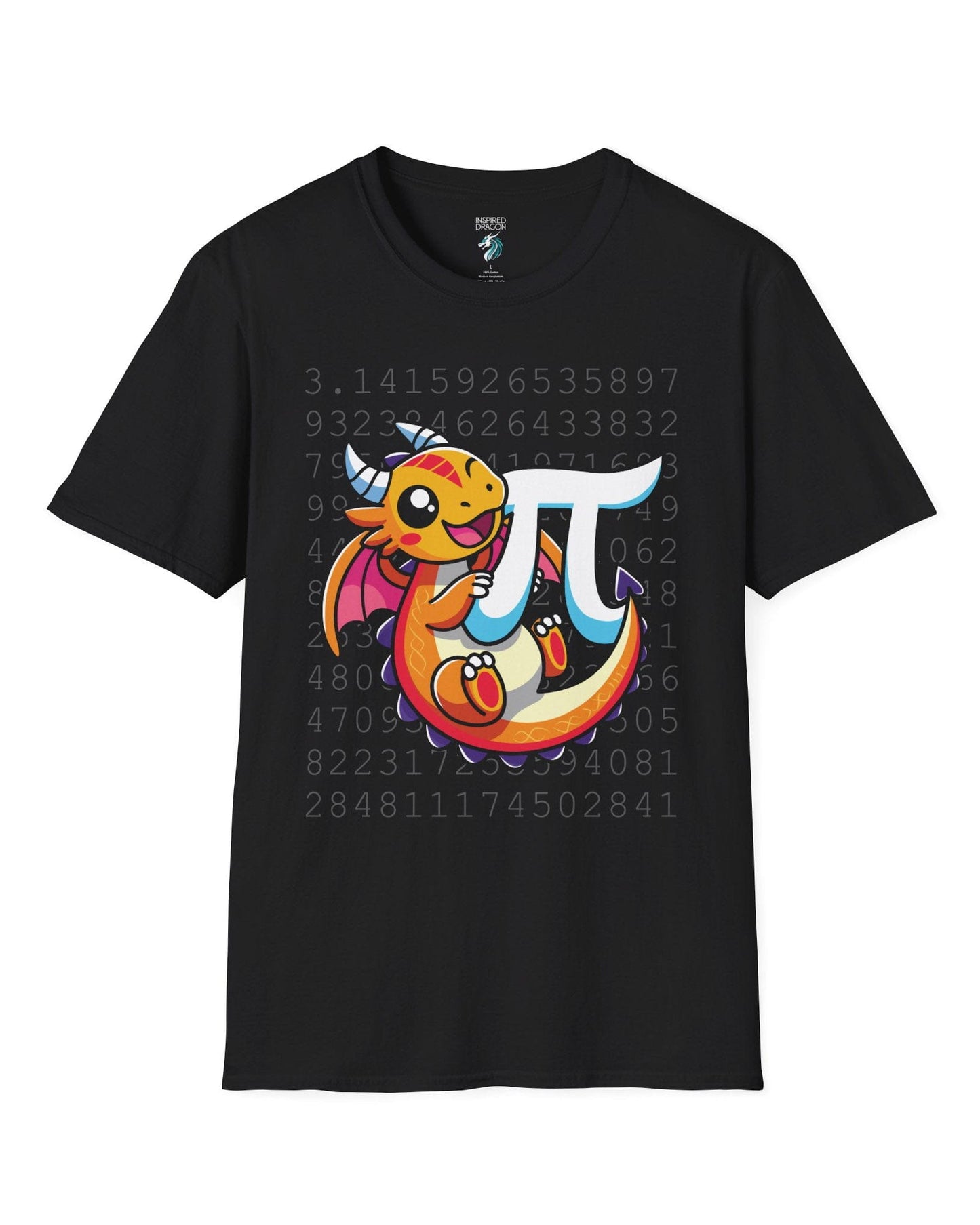 Happy Pi Dragon shirt in black featuring a cute cartoon dragon hugging a pi symbol over a background of pi digits