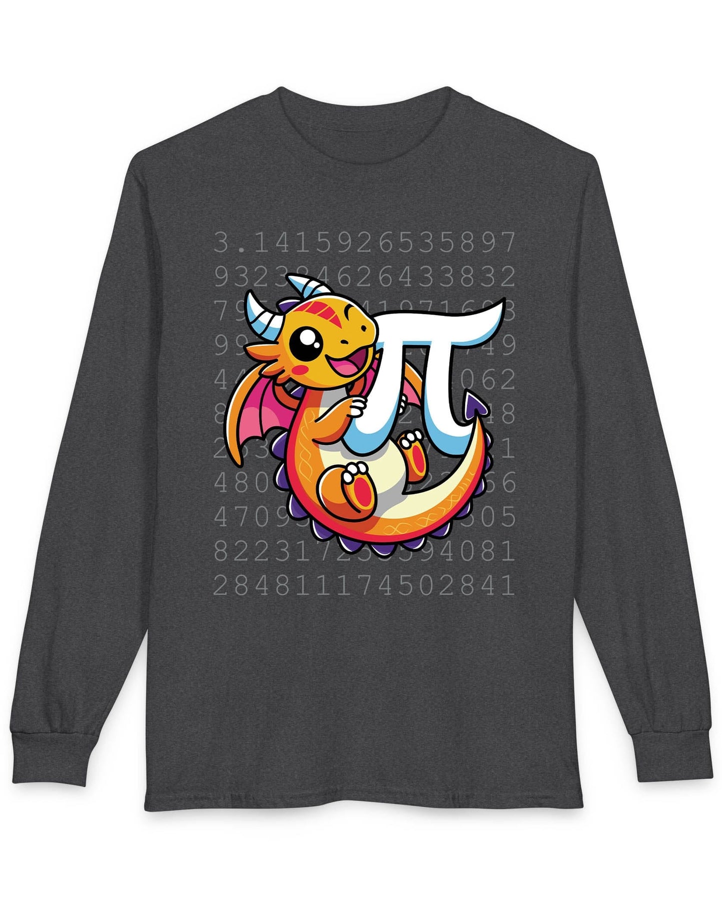 Happy Pi Dragon shirt in dark heather featuring a cute cartoon dragon hugging a pi symbol over a background of pi digits