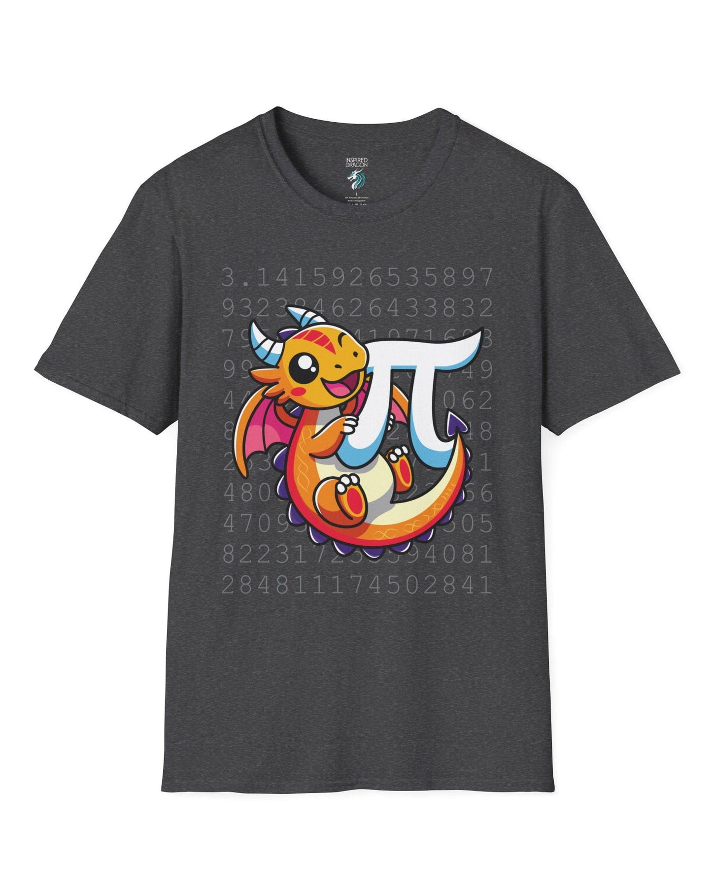 Happy Pi Dragon shirt in dark heather featuring a cute cartoon dragon hugging a pi symbol over a background of pi digits