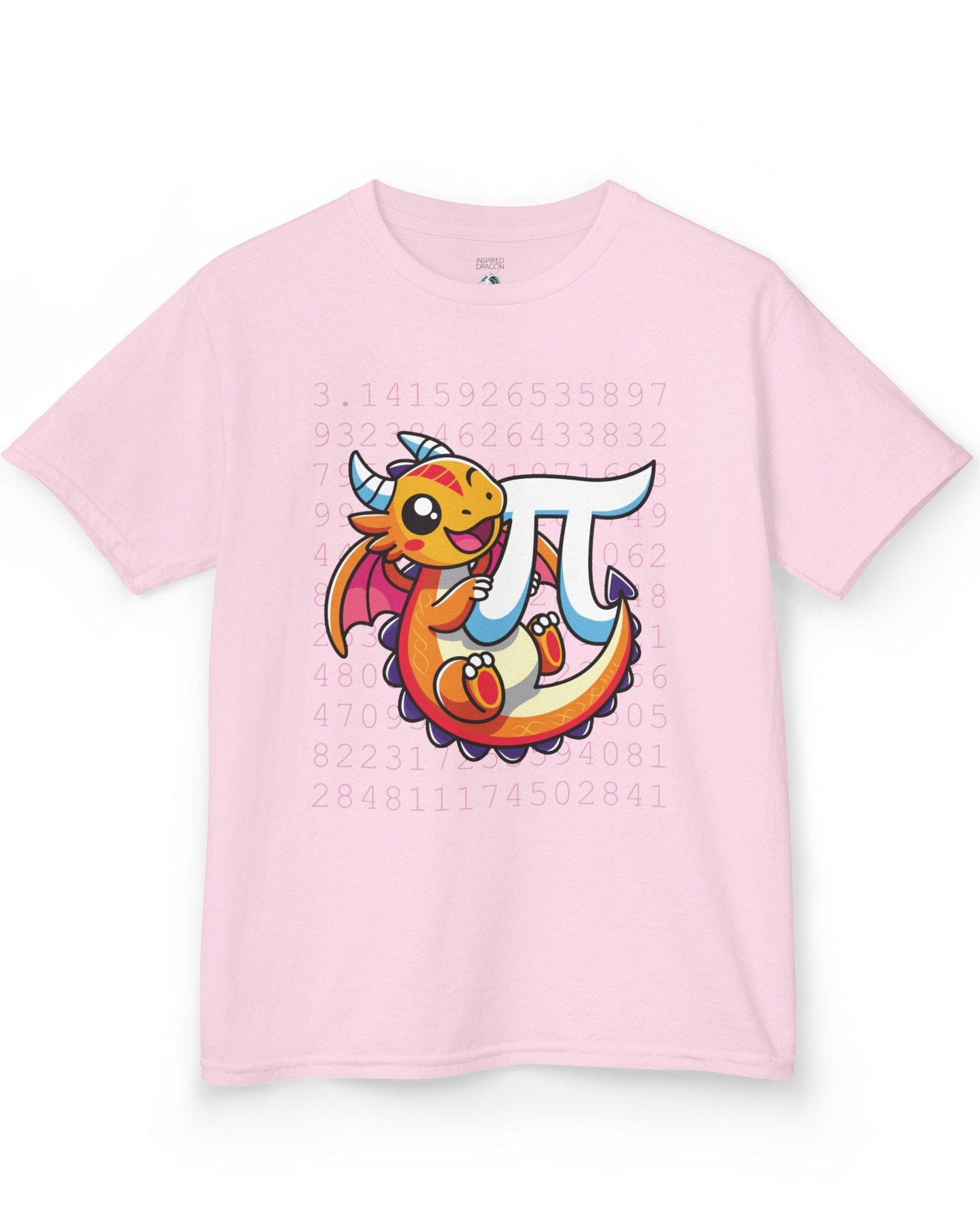 Happy Pi Dragon shirt in light pink featuring a cute cartoon dragon hugging a pi symbol over a background of pi digits