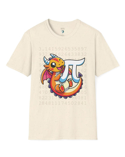 Happy Pi Dragon shirt in natural featuring a cute cartoon dragon hugging a pi symbol over a background of pi digits