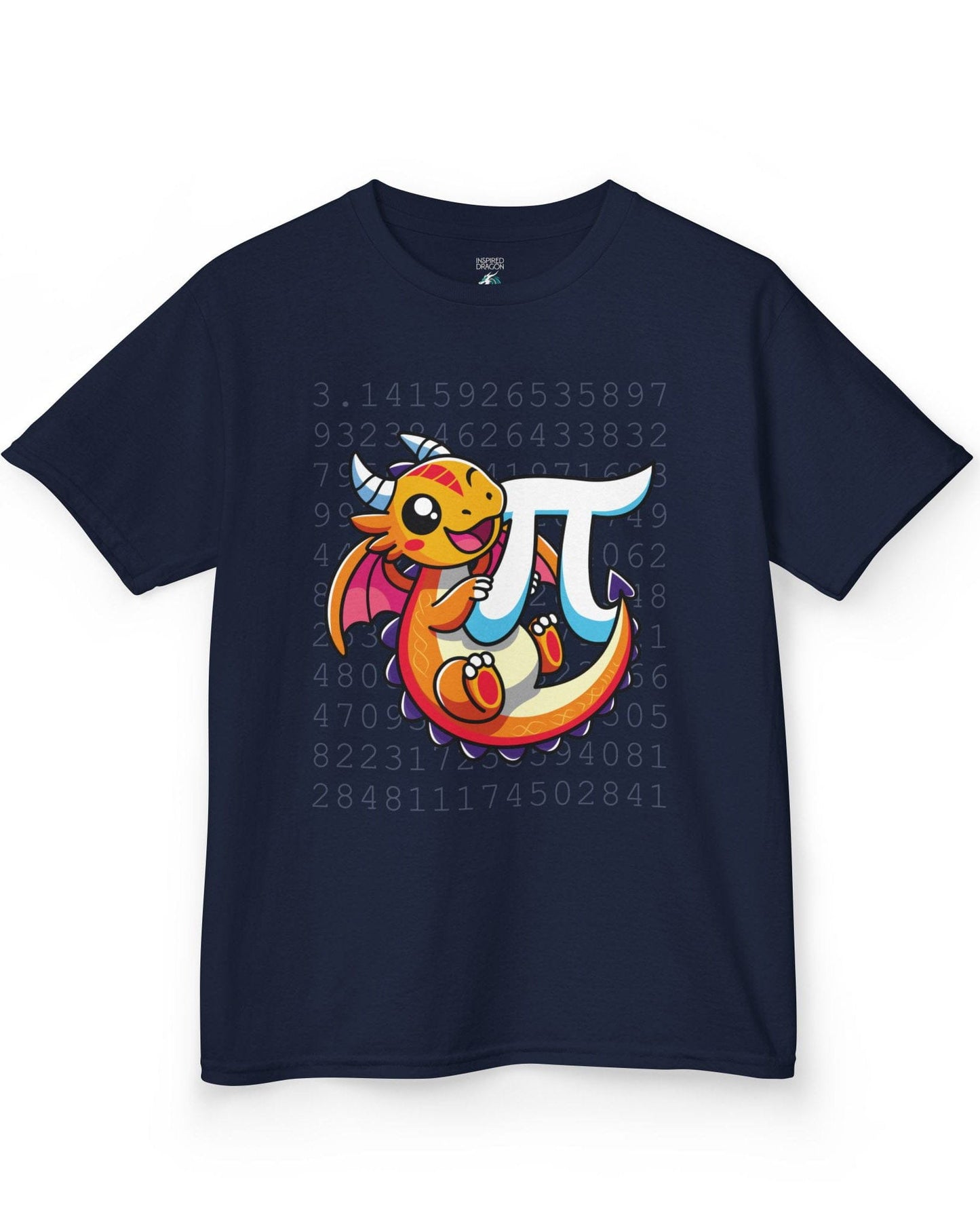 Happy Pi Dragon shirt in navy featuring a cute cartoon dragon hugging a pi symbol over a background of pi digits