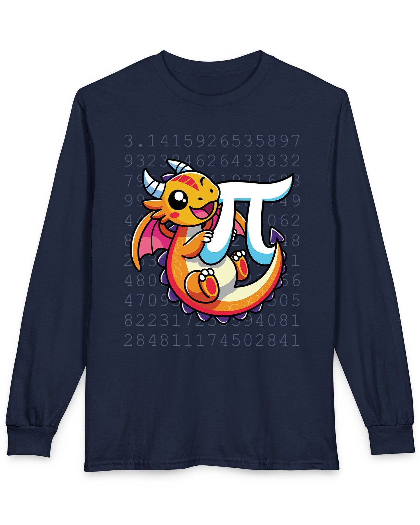 Happy Pi Dragon shirt in navy featuring a cute cartoon dragon hugging a pi symbol over a background of pi digits