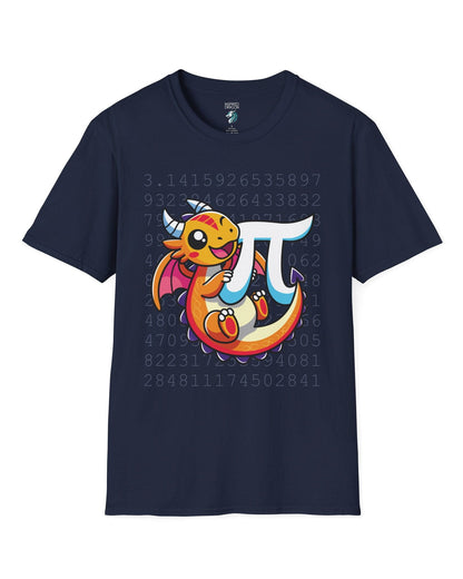Happy Pi Dragon shirt in navy featuring a cute cartoon dragon hugging a pi symbol over a background of pi digits