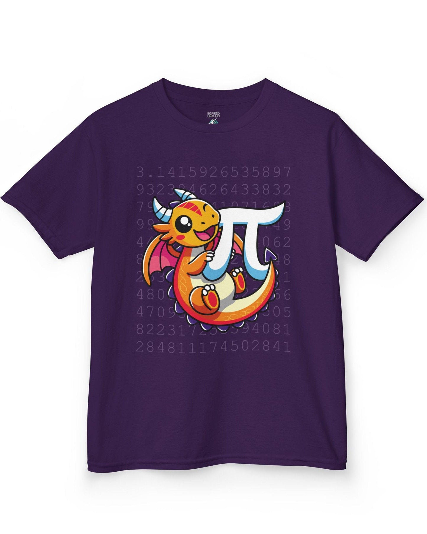 Happy Pi Dragon shirt in purple featuring a cute cartoon dragon hugging a pi symbol over a background of pi digits