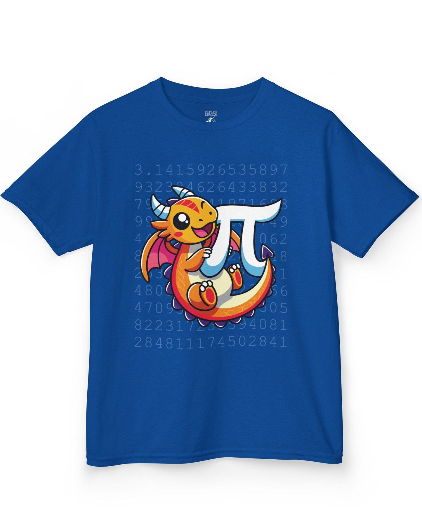 Happy Pi Dragon shirt in royal blue featuring a cute cartoon dragon hugging a pi symbol over a background of pi digits