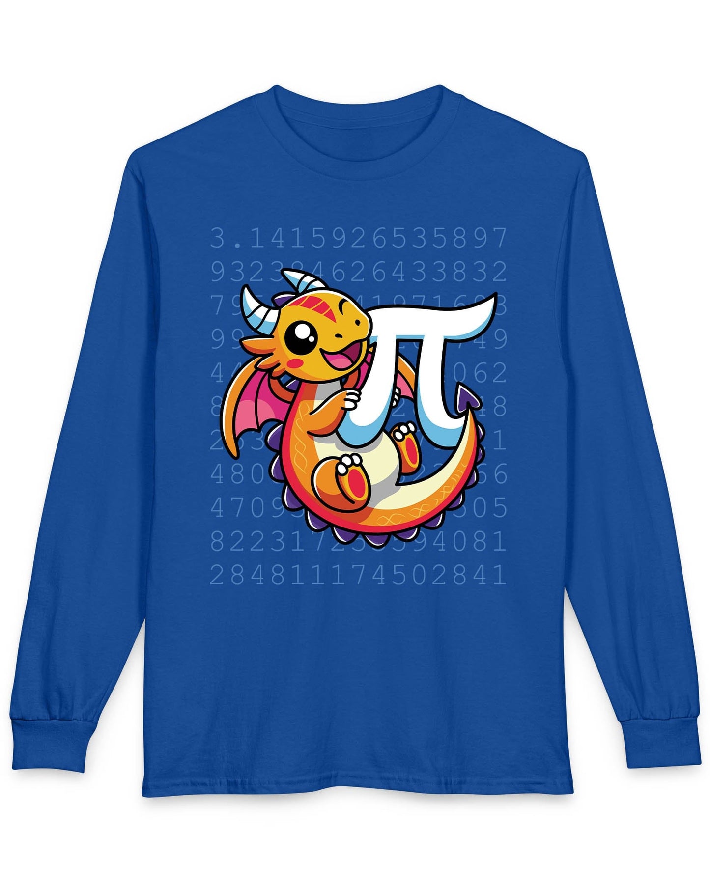 Happy Pi Dragon shirt in royal blue featuring a cute cartoon dragon hugging a pi symbol over a background of pi digits