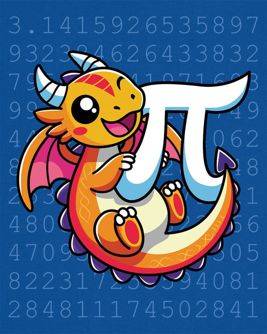 Happy Pi Dragon shirt in royal blue featuring a cute cartoon dragon hugging a pi symbol over a background of pi digits