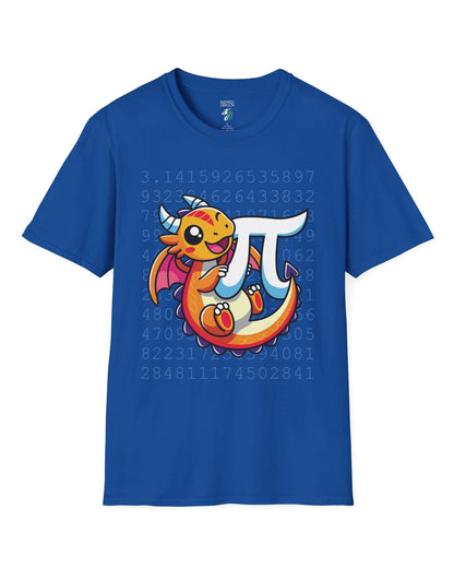 Happy Pi Dragon shirt in royal blue featuring a cute cartoon dragon hugging a pi symbol over a background of pi digits