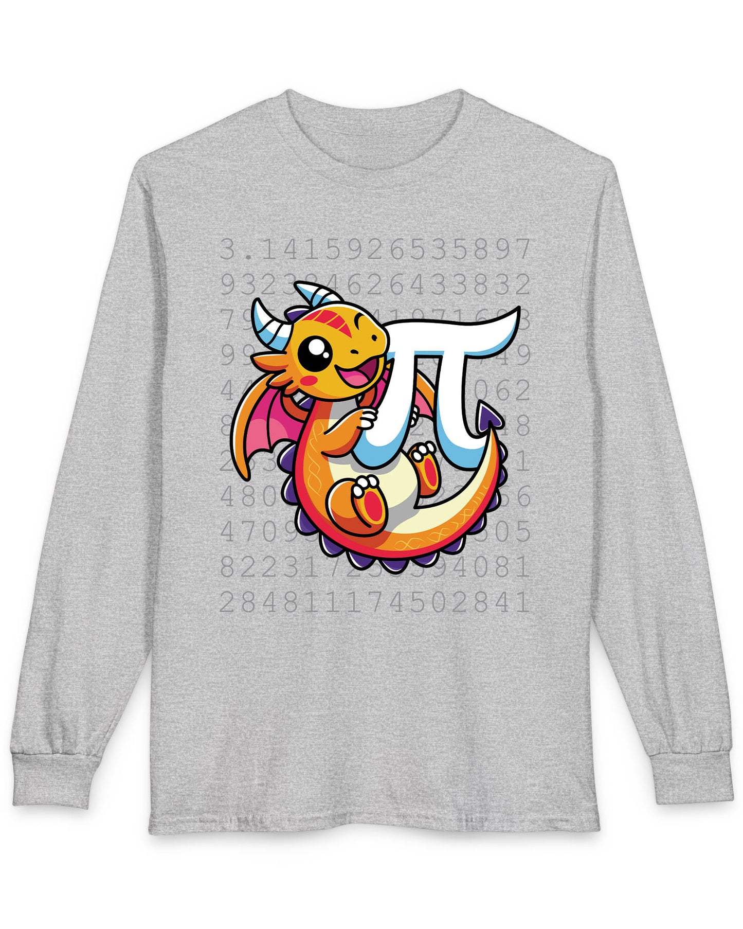 Happy Pi Dragon shirt in sport grey featuring a cute cartoon dragon hugging a pi symbol over a background of pi digits