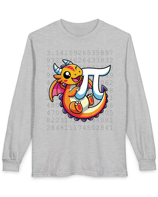Happy Pi Dragon shirt in sport grey featuring a cute cartoon dragon hugging a pi symbol over a background of pi digits