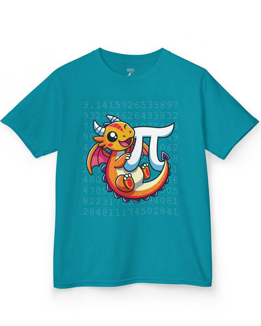 Happy Pi Dragon shirt in tropical blue featuring a cute cartoon dragon hugging a pi symbol over a background of pi digits