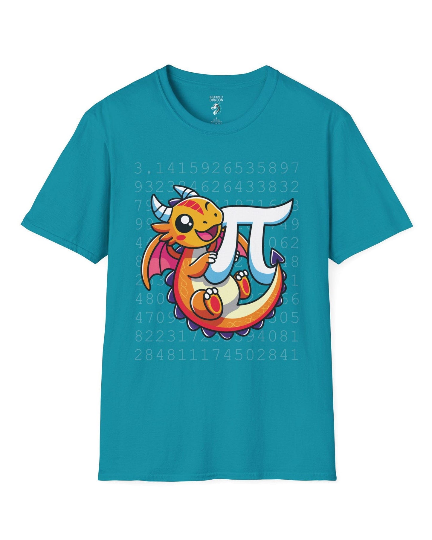 Happy Pi Dragon shirt in tropical blue featuring a cute cartoon dragon hugging a pi symbol over a background of pi digits