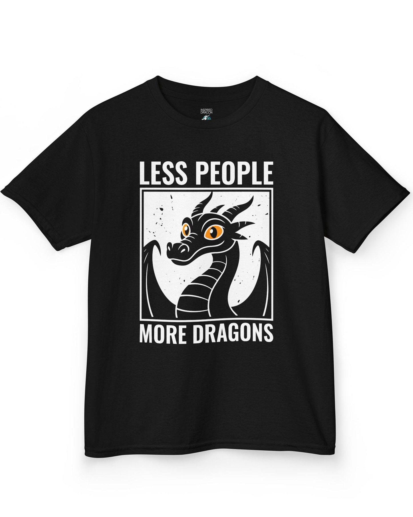 Less People More Dragons shirt in black featuring a bold dragon portrait with bright eyes and distressed graphic style