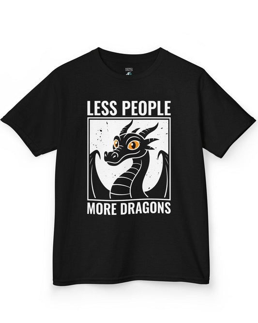 Less People More Dragons shirt in black featuring a bold dragon portrait with bright eyes and distressed graphic style