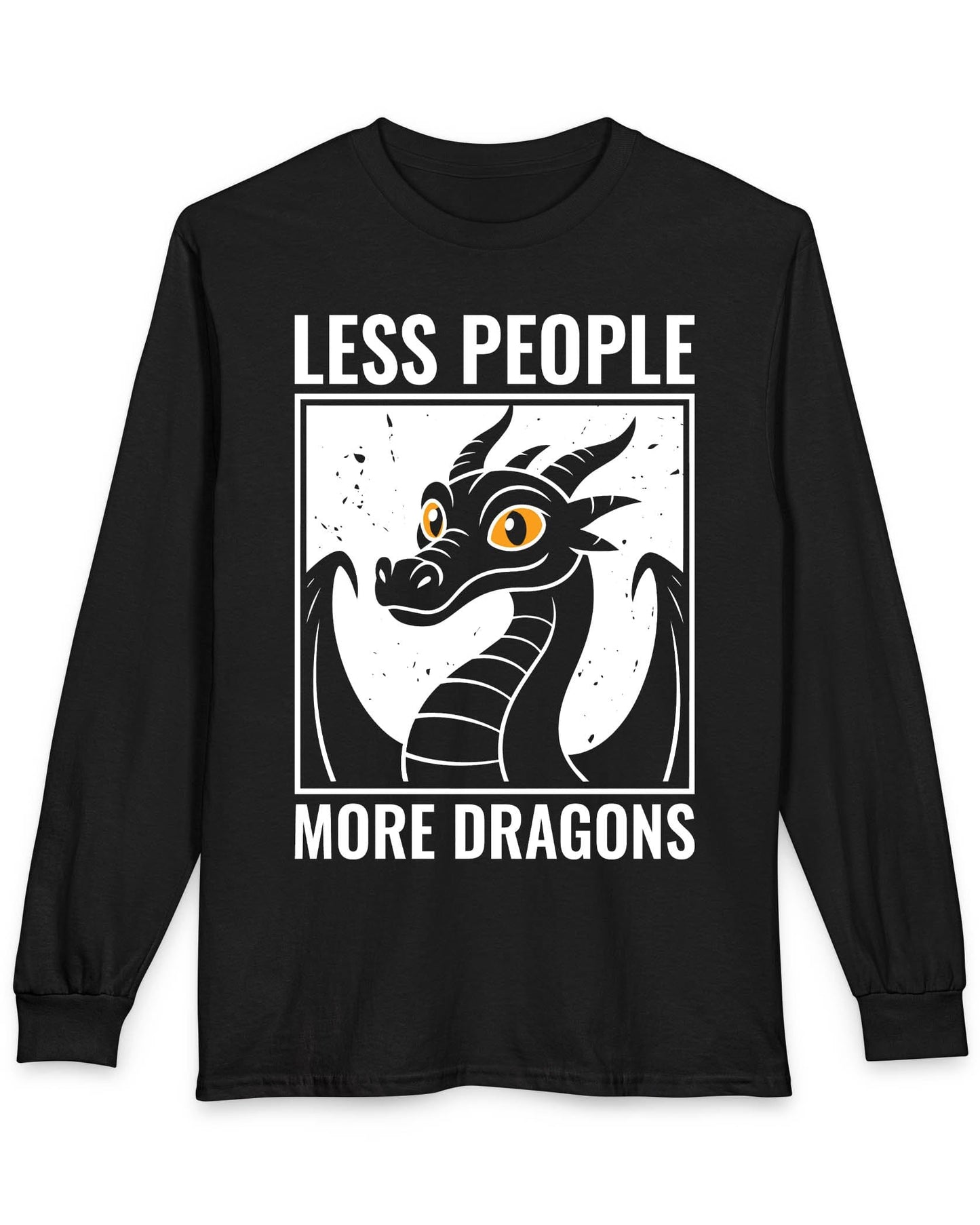 Less People More Dragons shirt in black featuring a bold dragon portrait with bright eyes and distressed graphic style